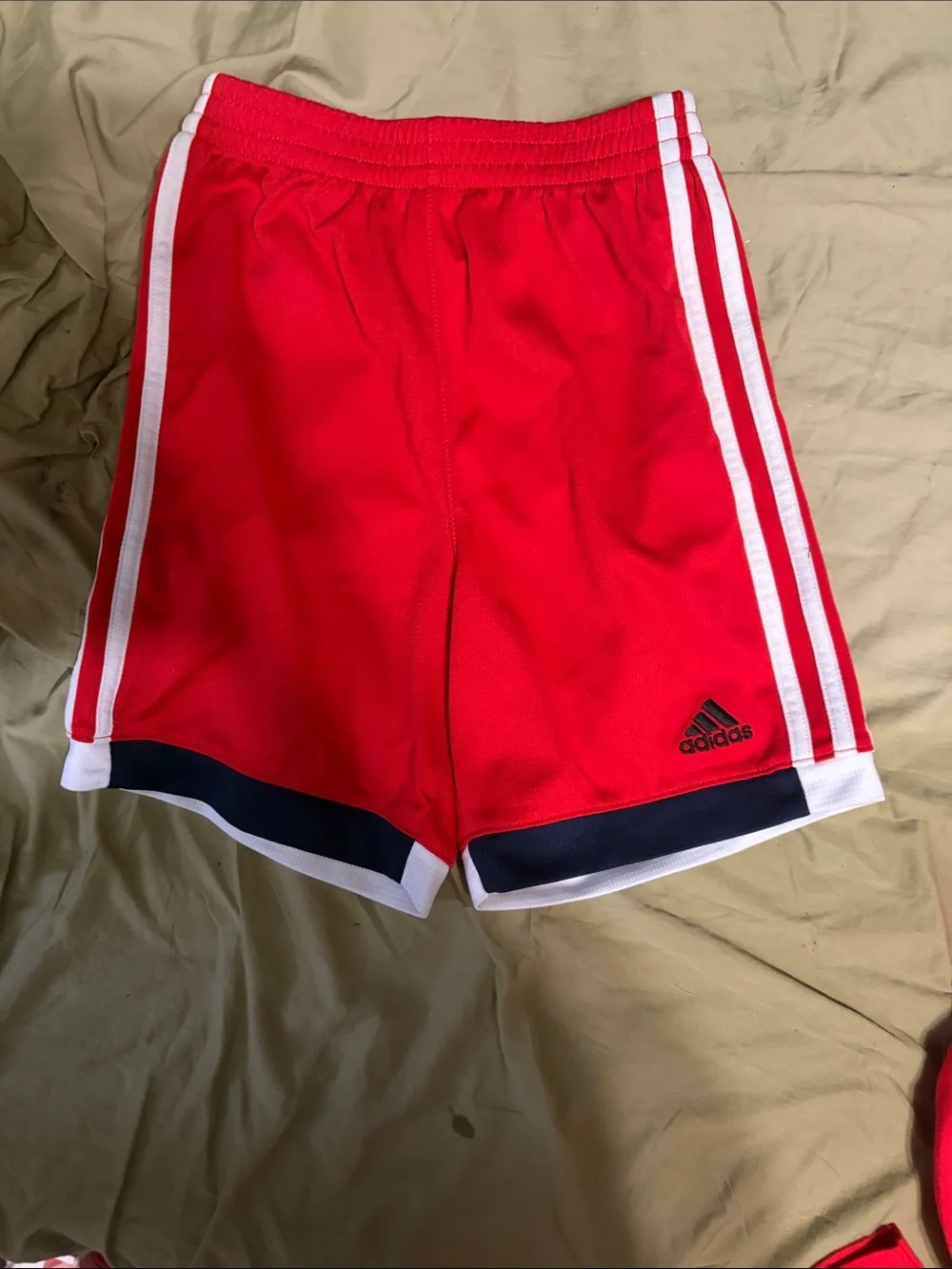 adidas Red Athletic Shorts with White Stripes and Navy Trim